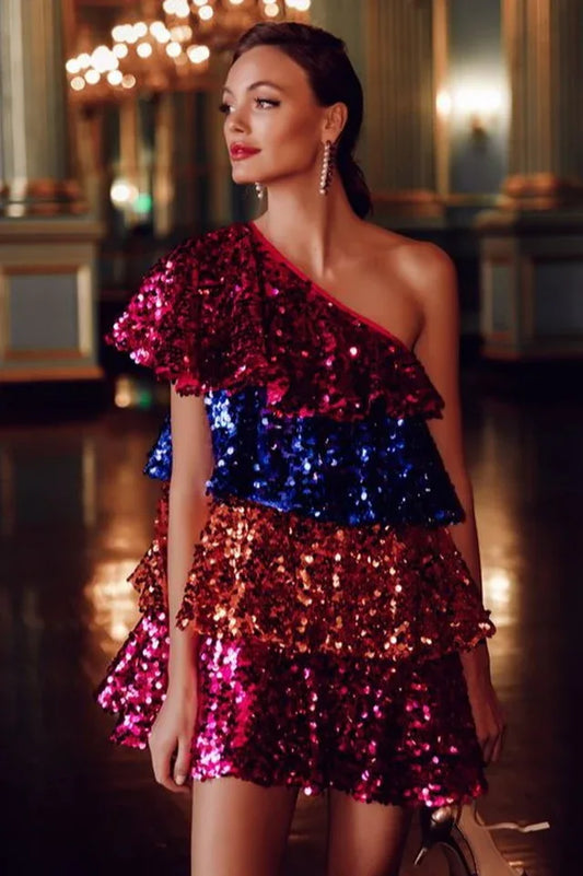 Sparkly Sequined One Shoulder Mini Dress - TEVQA
