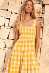 Yellow Gingham Midi Dress with Smocked Bodice - View 13 | TEVQA