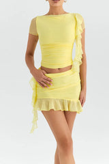 Ruffle trim mini skirt set with crew neck top - View 6 | TEVQA