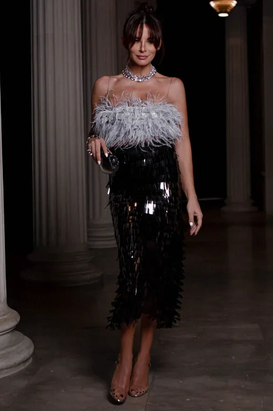 Aleyna Feather Top + Sequin Skirt Set - TEVQA