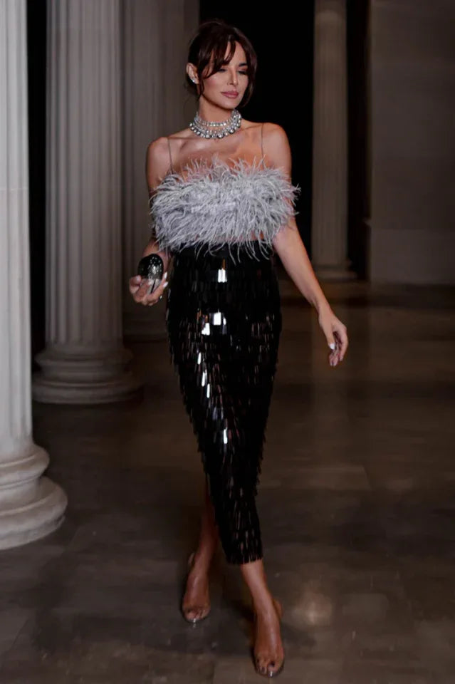 Aleyna Feather Top + Sequin Skirt Set - TEVQA
