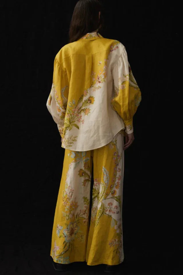 Floral Linen Shirt and Wide Leg Pants Set - View 6 | TEVQA