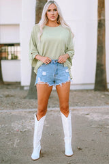 Sage Green Ribbed Knit Oversized Tunic Top - View 7 | TEVQA
