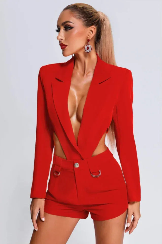 Close-up of the front of a red blazer and shorts set