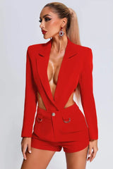 Close-up of the front of a red blazer and shorts set