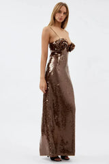 Lorelei Brown Sequin Maxi Dress with Floral Detail - View 6 | TEVQA