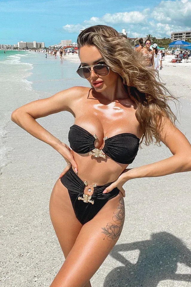 Hammered Trim High Waist Bikini Set - View 6 | TEVQA