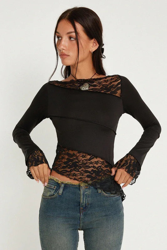 Lucca Khaki Lace Patchwork Top | Fairy Grunge Long Sleeve - TEVQA