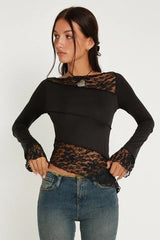 Lucca Khaki Lace Patchwork Top | Fairy Grunge Long Sleeve - TEVQA