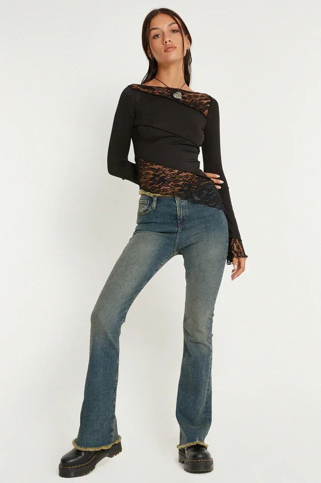Lucca Khaki Lace Patchwork Top | Fairy Grunge Long Sleeve - TEVQA