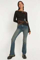 Lucca Khaki Lace Patchwork Top | Fairy Grunge Long Sleeve - TEVQA