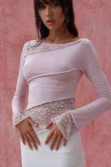 Lucca Khaki Lace Patchwork Top | Fairy Grunge Long Sleeve - TEVQA