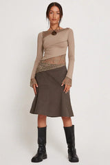 Lucca Khaki Lace Patchwork Top | Fairy Grunge Long Sleeve - TEVQA