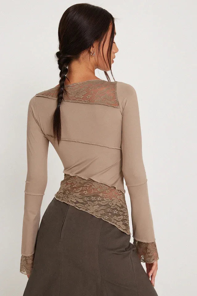 Lucca Khaki Lace Patchwork Top | Fairy Grunge Long Sleeve - TEVQA