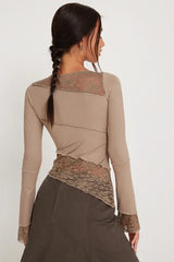 Lucca Khaki Lace Patchwork Top | Fairy Grunge Long Sleeve - TEVQA