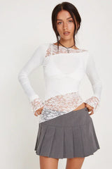 Lucca Khaki Lace Patchwork Top | Fairy Grunge Long Sleeve - TEVQA