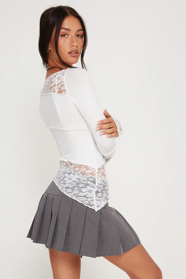 Lucca Khaki Lace Patchwork Top | Fairy Grunge Long Sleeve - TEVQA