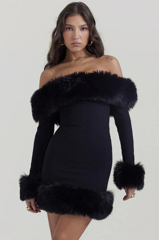 Black Bateau Neck Mini Dress - TEVQA