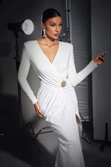 Long sleeve ruched dress with V-neckline and brooch - View 6 | TEVQA