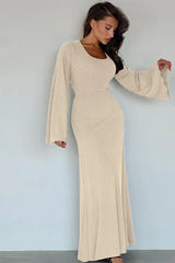 Long sleeve maxi dress with bell sleeves and lace-up back - View 17 | TEVQA