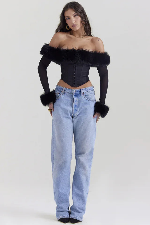 Ravenna Faux Fur Trim Corset Top | Black Off-Shoulder Mesh Long Sleeve Bustier - TEVQA