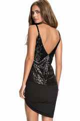 Black Sequin V-Neck Cami Top | Sparkly Loose Fit Spaghetti Strap Tank - TEVQA