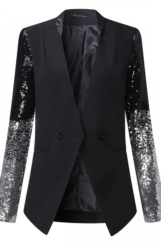 Black Blazer with Silver Sequin Sleeves | Ombré Sparkle Single-Button Jacket - TEVQA
