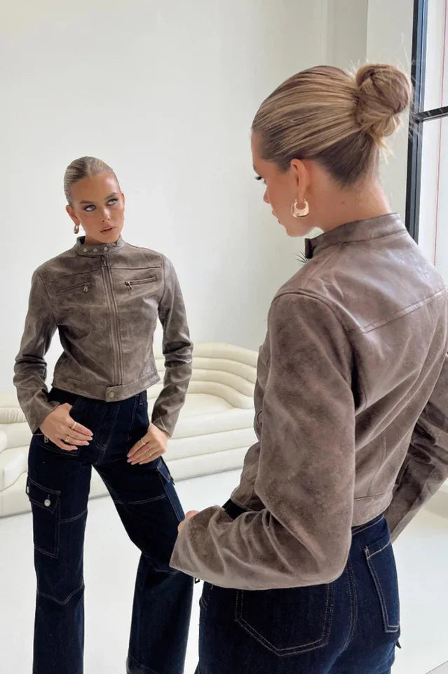 Faux leather moto jacket - View 18 | TEVQA