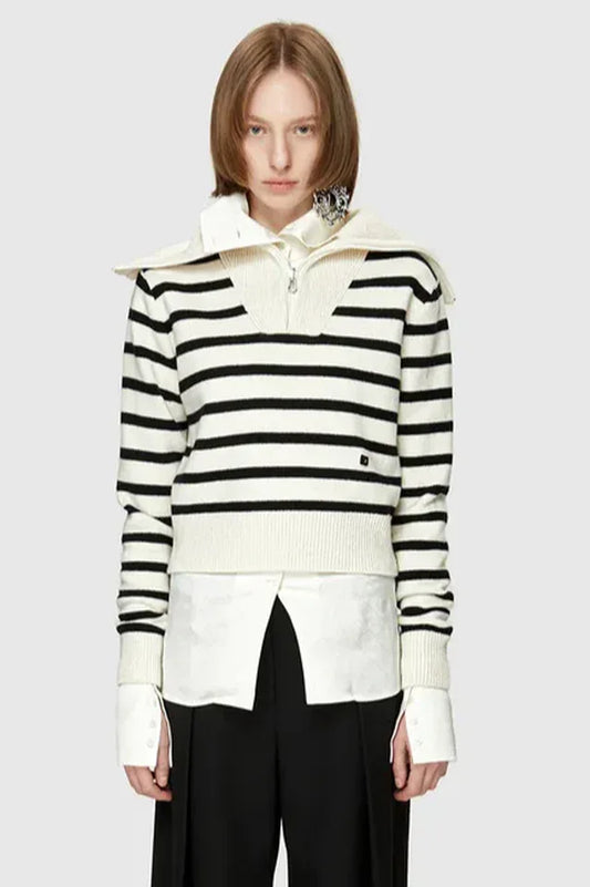 Wool Cashmere Sailor Collar Sweater - Striped Half-Zip Knit Pullover - TEVQA