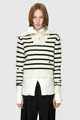 Wool Cashmere Sailor Collar Sweater - Striped Half-Zip Knit Pullover - TEVQA