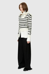 Wool Cashmere Sailor Collar Sweater - Striped Half-Zip Knit Pullover - TEVQA
