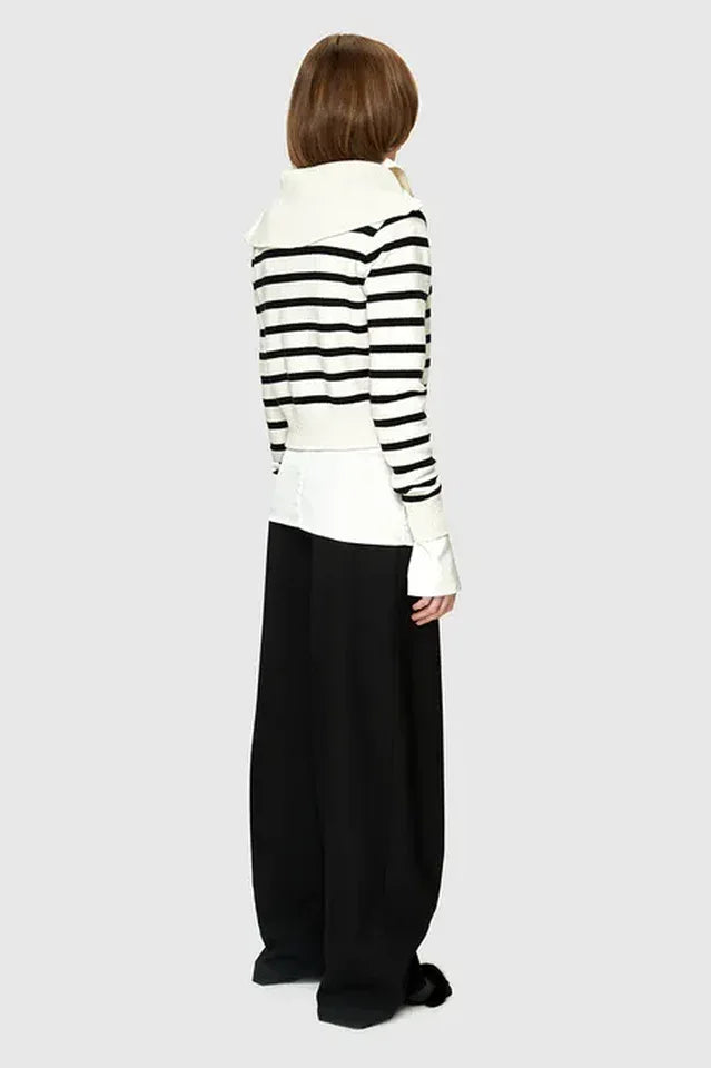 Wool Cashmere Sailor Collar Sweater - Striped Half-Zip Knit Pullover - TEVQA