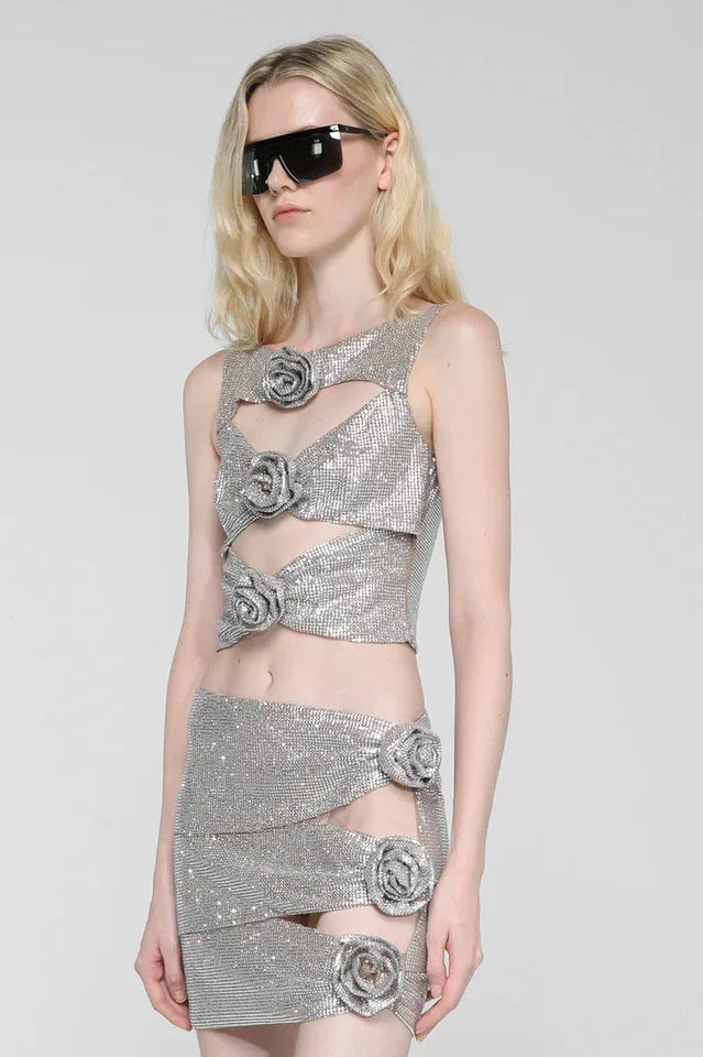 Sparkly Cutout Top and Ruched Skirt Set - View 12 | TEVQA
