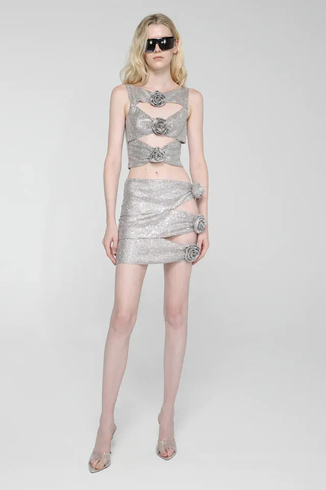 Sparkly Cutout Top and Ruched Skirt Set - View 13 | TEVQA