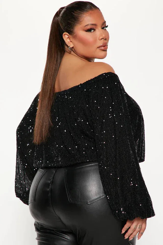 Champagne Gold Sequin Off-Shoulder Top - View 7 | TEVQA