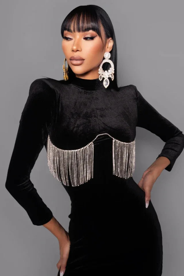 Black velvet mini dress with crystal fringe detail - View 6 | TEVQA