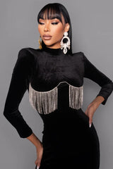 Black velvet mini dress with crystal fringe detail - View 6 | TEVQA