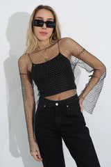 Midnight Sparkle Rhinestone Fishnet Top - View 6 | TEVQA