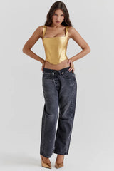 Karia Metallic Gold Corset Top | Square Neck Faux Leather Bustier & Zip Back - TEVQA