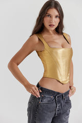 Karia Metallic Gold Corset Top | Square Neck Faux Leather Bustier & Zip Back - TEVQA