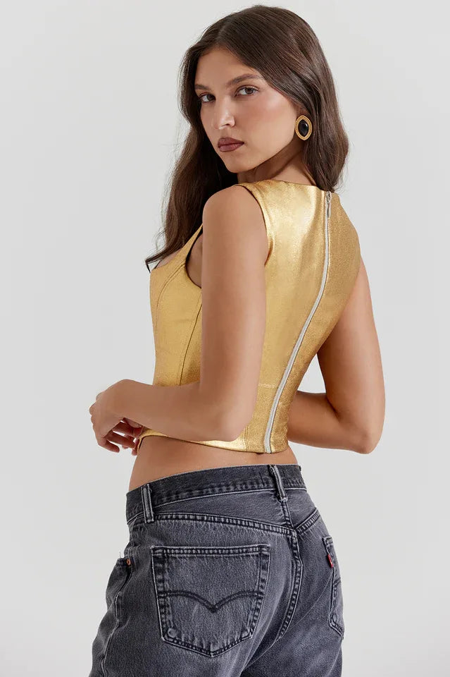 Karia Metallic Gold Corset Top | Square Neck Faux Leather Bustier & Zip Back - TEVQA