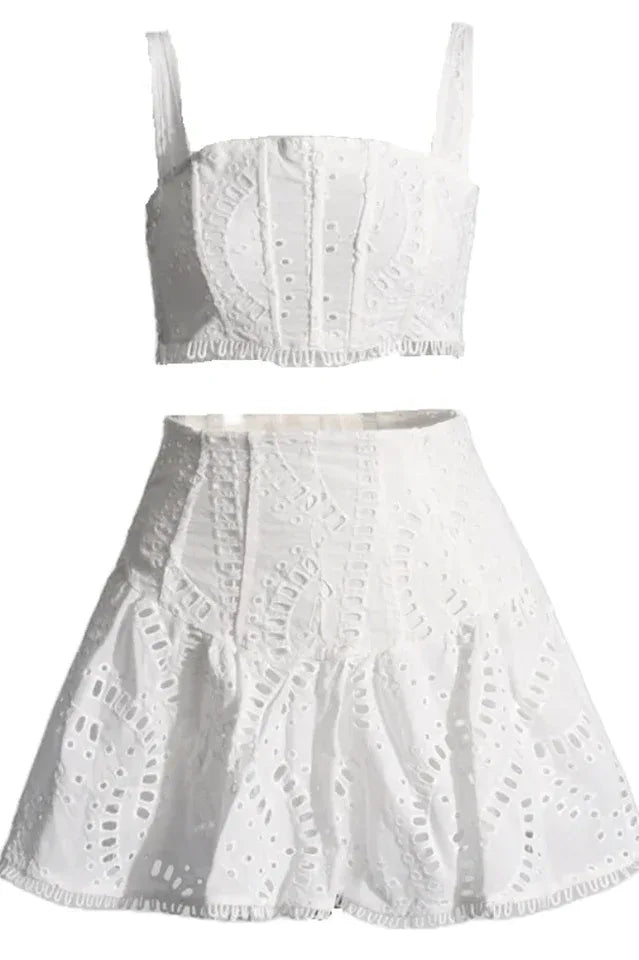 Eyelet lace crop top and flared skirt set - View 6 | TEVQA