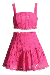 Eyelet lace crop top and flared skirt set - View 7 | TEVQA