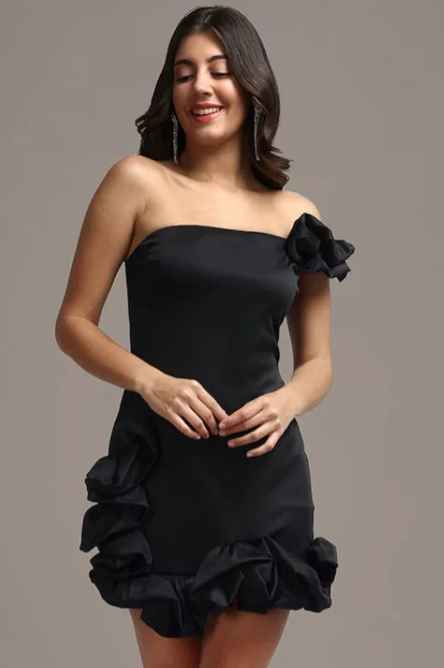 One Shoulder Ruffle Satin Dress - View 8 | TEVQA