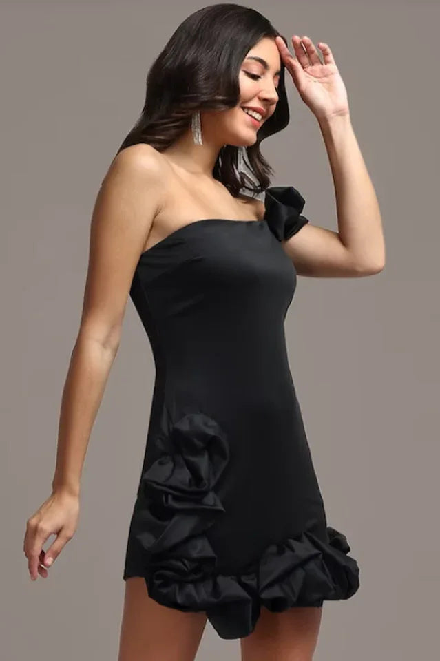 One Shoulder Ruffle Satin Dress - View 9 | TEVQA