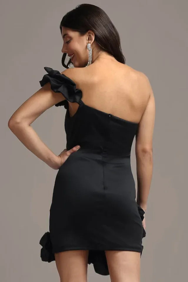 One Shoulder Ruffle Satin Dress - View 11 | TEVQA
