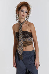 Back view of the strapless plaid top and gray pants