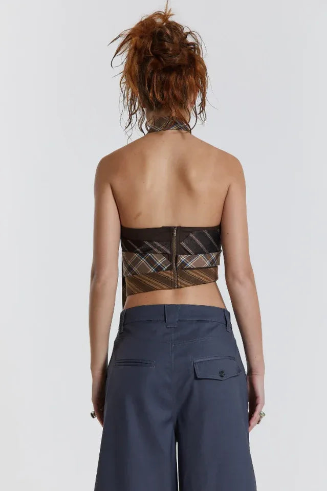Strapless corset top with tie detail and plaid pattern - View 7 | TEVQA