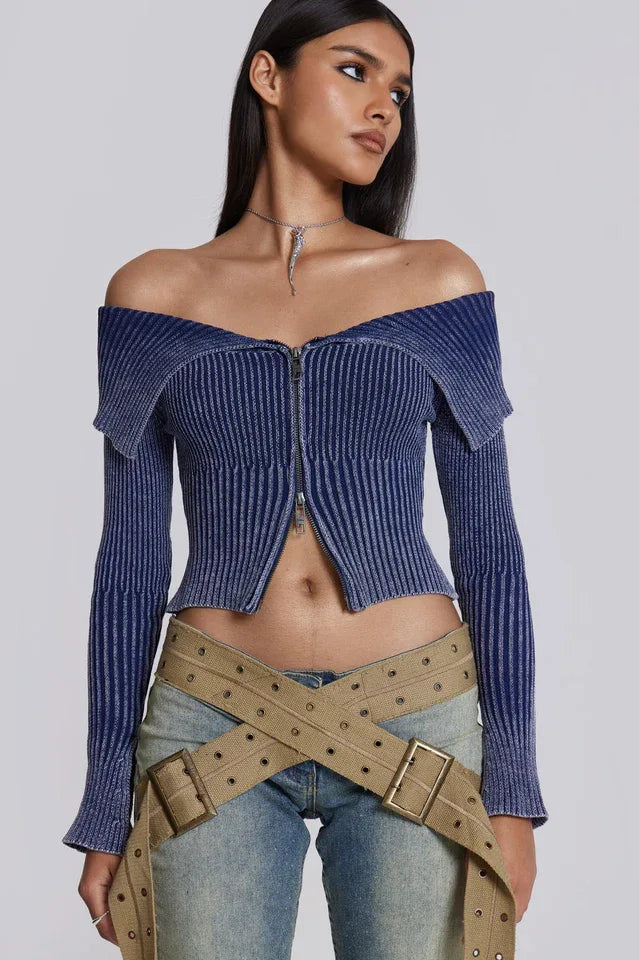 Tribeca Blue Ribbed Off The Shoulder Knit - TEVQA