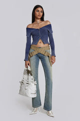 Tribeca Blue Ribbed Off The Shoulder Knit - TEVQA
